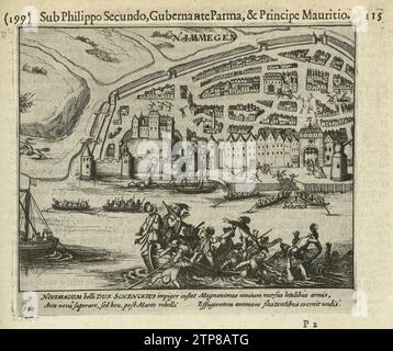 Attacco fallito a Nijmegen, 1589, 1621 - 1622 attacco fallito a Nijmegen, 10 agosto 1589. Martin Schenck sta annegando nel Waal. Episodio della guerra di Colonia. Con didascalia di 4 righe in latino. Numero 199. Stampato sul retro con testo in latino. Tipografia: Northern Netherlandspublisher: Amsterdam paper etching Nijmegen. Waal fallì l'attacco a Nijmegen, 10 agosto 1589. Martin Schenck sta annegando nel Waal. Episodio della guerra di Colonia. Con didascalia di 4 righe in latino. Numero 199. Stampato sul retro con testo in latino. Tipografia: Olanda settentrionale spublisher: Incisione su carta di Amsterdam Foto Stock