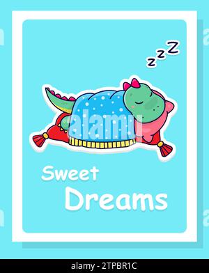 Un simpatico dinosauro dei cartoni animati dorme su un letto di piume rosa. Carta vettoriale per bambini. Illustrazione Vettoriale