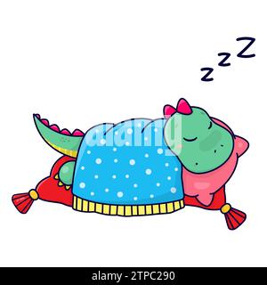 Un simpatico dinosauro dei cartoni animati dorme su un letto di piume rosa. Illustrazione vettoriale per bambini. Illustrazione Vettoriale