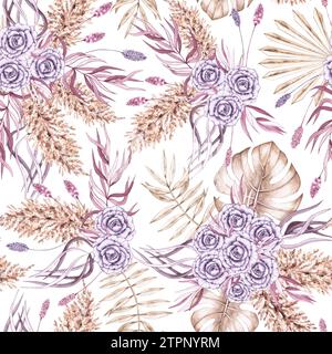 Motivo floreale ad acquerello tropicale. Foglie di palma, bouquet di rose su sfondo bianco per tessuti, tessuti, carta da parati Foto Stock