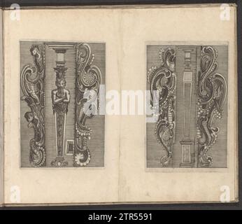 Due colonne e quattro ornamenti a Kwabstijl, 1600 - 1699 due esibizioni su una rivista di album in due parti. A sinistra un Herm con telaio principale corinzio fiancheggiato da ornamenti a Kwabstijl. A destra su un piedistallo e con telaio principale ionico, affiancato anche da ornamenti in stile lobo. La stampa fa parte di un album. Germania incide due esibizioni su una rivista di album in due parti. A sinistra un Herm con telaio principale corinzio fiancheggiato da ornamenti a Kwabstijl. A destra su un piedistallo e con telaio principale ionico, affiancato anche da ornamenti in stile lobo. La stampa fa parte di un Foto Stock