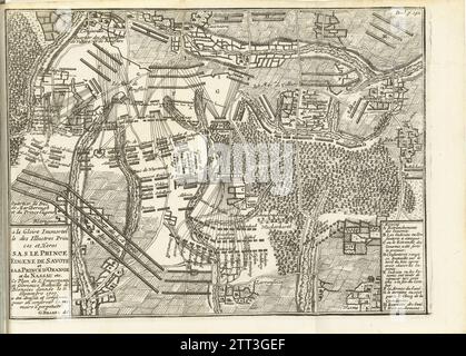 Battaglia di Malplaquet, 1709, 1714 - 1716 Mappa della battaglia di Malplaquet, dove i francesi furono sconfitti dagli Alleati, 11 settembre 1709. Illustrazione nella traduzione olandese del 1716 di J. Lamigue, The Life of His Hoogheit Johan Willem Friso, dl. II, pag. 142/143. Tipografia: Northern Netherlandspublisher: Amsterdam paper etching Map of the Battle of Malplaquet, dove i francesi furono sconfitti dagli Alleati, 11 settembre 1709. Illustrazione nella traduzione olandese del 1716 di J. Lamigue, The Life of His Hoogheit Johan Willem Friso, dl. II, pag. 142/143. Tipografia: Olanda settentrionale Foto Stock