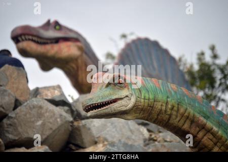 PAUTE-PARQUE JURASICO Cuenca, Ecuador 20 de diciembre de 2023 Paute, abrira sus puertas en el Barrio Pirincay en el canton Paute a Tourist as nacionales e internacionales. Este vierbes 22 de diciembre, 13 dinosaurios robotizados actualmente estan colocados en un parque de 2 hectareas. Las figuras robots llegaron importadas desde China para Recreation ar un parque jurasico en los alrededores del barrio Pirincay, el mismo esta ubicado al lado izquierdo de la via Interoceanica que conduce a Paute. Las 13 fuguras de dinosaurios estan ubicadas en cinco terrazas, las cuales han sido construidas para resaltar Foto Stock