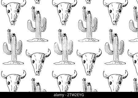 modello senza cuciture di cactus selvaggi del west e cranio di animale. Illustrazione vettoriale nello schizzo disegnato a mano. Utilizzabile per tessuti, stampa a sublimazione, carte di credito, sfondi. Motivo Cowboy in stile retrò. Illustrazione Vettoriale