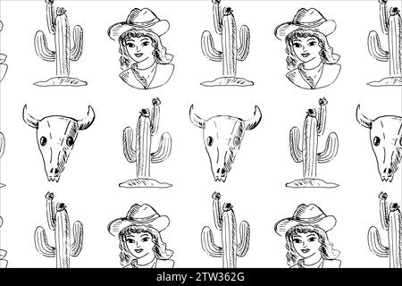 sfondo selvaggio west senza cuciture con cowgirl e cactus. cranio di animale. Illustrazione vettoriale nello stile di schizzo disegnato a mano. Può essere utilizzato per la stampa di abiti, tessuti, carta da parati. Schizzo vintage retrò di cowgirl. Illustrazione Vettoriale