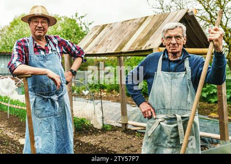 Due anziani amici maschi con attrezzi da giardinaggio, sorridono e si godono una giornata attiva nel giardino della comunità. Foto Stock