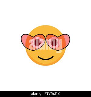 Emoticon sorridente con occhiali rosa a cuore. Icona Smiley. Emoji dei cartoni animati. Vettore Illustrazione Vettoriale