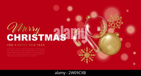 Elegante banner natalizio con giocattoli di Natale in vetro dorato e trasparente. Illustrazione vettoriale in uno stile 3D realistico Illustrazione Vettoriale