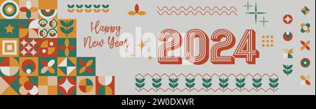 Copertina felice anno nuovo 2024 con sfondo Abstract geometrico moderno. Design del banner per biglietti d'auguri con calligrafia e forme colorate retro Illustrazione Vettoriale