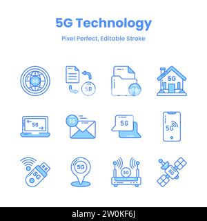 Rivoluziona i tuoi progetti con le nostre icone di rete 5G ispirano l'innovazione e trasmettono l'essenza della tecnologia avanzata attraverso una collezione curata di Illustrazione Vettoriale