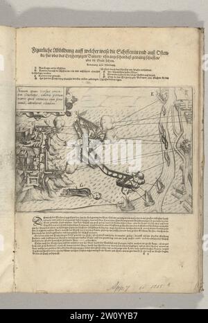 Assedio di Ostenda: Sparare alle navi che riforniscono la città, 1603, 1603 - 1604 bombardamenti pesanti dai forti spagnoli delle navi di Stato che tentano di rifornire la città. Scaricando molti colpi dalla città con grandi cannoni, si poteva posare una cortina fumogena in modo che la vista delle navi fosse tolta, 1603. In alto a sinistra un cartiglio con iscrizione in latino. Sopra la stampa il titolo con la spiegazione delle figure, in basso una descrizione degli eventi, in tedesco. Parte delle illustrazioni su un diario dell'assedio di Ostenda 1601-1604. Stampa stampigliata/tipografica per paesi in esaurimento Foto Stock