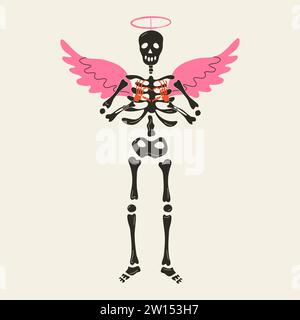 Divertente scheletro con decorazioni per San Valentino. Carino personaggio Skeleton Bones Illustrazione Vettoriale