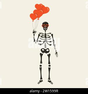 Divertente scheletro con decorazioni per San Valentino. Carino personaggio Skeleton Bones Illustrazione Vettoriale