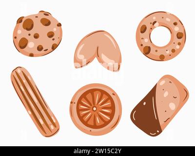 Set di dolci. Biscotti con cioccolato, mandorle e arancia Illustrazione Vettoriale