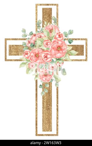 Acquerello dipinti a mano in rosa con motivi floreali, Croce di Croce, illustrazione di fiori religiosi di Pasqua, Croce di Battesimo, Clipart di Spirito Santo, cornice dorata Foto Stock