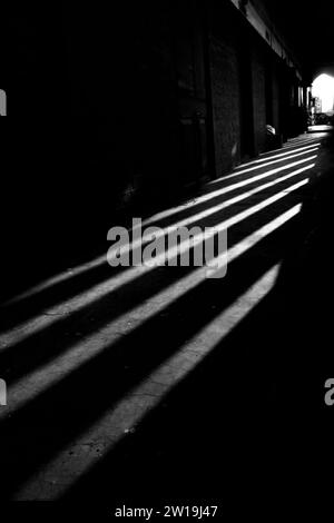 Una foto minimalista in bianco e nero che cattura l'essenza di una scena urbana attraverso la semplice forma di un'ombra su un marciapiede. Foto Stock