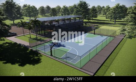 rendering 3d del campo da pallacanestro all'aperto e del mini campo da calcio integrato con un'illustrazione di ristoranti e caffè Foto Stock