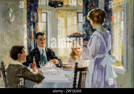 Charles Edward Chambers (americano 1883-1941), cena domenicale, Oil on Canvas - cena in famiglia Foto Stock