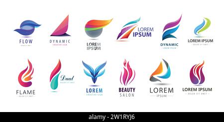 Insieme vettoriale di loghi dinamici a onda. Fly, dual, segnali aziendali. Forme di flusso, icone tecniche. Illustrazione Vettoriale