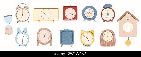 Diversi tipi di orologi in stile trendy. Set poster orologio. Stile alla moda disegnato a mano.Stampa, poster, banner.Vector Illustrazione Vettoriale