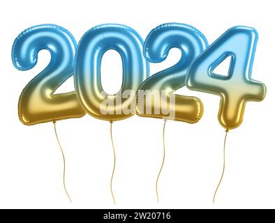 Sfondo natalizio felice anno nuovo 2024. Numeri anno 2024 palloncino dorato e blu su sfondo bianco con percorso di ritaglio. Festeggiamo il nuovo anno Foto Stock