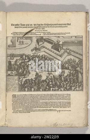 Assedio di Ostenda: Armistizio il 24-25 dicembre 1601, 1601 - 1604 cessate il fuoco il 24 e 25 dicembre 1601. Isabella e Albrecht si mostrano tra una grande folla per la città assediata. In basso a sinistra un cartiglio con un'iscrizione in latino. Sopra la stampa il titolo con la spiegazione delle figure, in basso una descrizione degli eventi, in tedesco. Parte delle illustrazioni su un diario dell'assedio di Ostenda 1601-1604. Stampa di carta/tipografia dei paesi bassi ostende il cessate il fuoco dal 24 al 25 dicembre 1601. Isabella e Albrecht si mostrano tra una grande folla per i besi Foto Stock