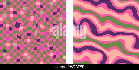 Design boho e hippie, con vivaci elementi retrò e paesaggi trippy. Nuvole, mare, raggi del sole e onde psichedeliche. Una collezione vettoriale di 90 Illustrazione Vettoriale