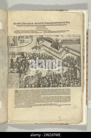 Assedio di Ostenda: Armistizio il 24-25 dicembre 1601, 1601 - 1604 cessate il fuoco il 24 e 25 dicembre 1601. Isabella e Albrecht si mostrano tra una grande folla per la città assediata. In basso a sinistra un cartiglio con un'iscrizione in latino. Sopra la stampa il titolo con la spiegazione delle figure, in basso una descrizione degli eventi, in tedesco. Parte delle illustrazioni su un diario dell'assedio di Ostenda 1601-1604. Stampa di carta/tipografia dei paesi bassi ostende il cessate il fuoco dal 24 al 25 dicembre 1601. Isabella e Albrecht si mostrano tra una grande folla per i besi Foto Stock