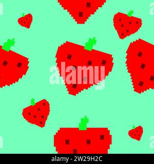 fundo padrão sem costura morangos pixel art Illustrazione Vettoriale