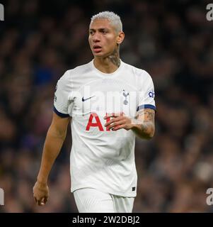 Londra, Regno Unito. 7 dicembre 2023 - Tottenham Hotspur contro West Ham United - Premier League - Stadio Tottenham Hotspur. Richarlison di Tottenham in azione contro West Ham. Credito immagine: Mark Pain / Alamy Live News Foto Stock