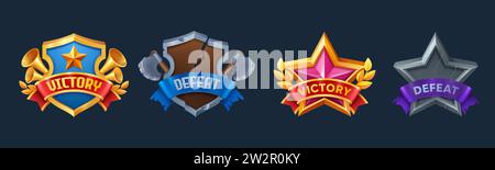 Distintivi dell'interfaccia utente di gioco di vittoria e sconfitta. Set vettoriale di etichette vincenti e perdenti con nastri in forma di scudo e stella. Successo e fallimento Illustrazione Vettoriale