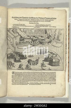 Assedio di Ostenda: Assalto da parte di Bucquoy il 7 gennaio 1602, 1602 - 1604 assalto alle difese di Ostenda da parte delle truppe spagnole sotto il conte di Bucquoy il 7 gennaio 1602. Battaglie in basso a sinistra al Lunet sull'altra sponda del fiume Geule, nel mezzo di un cartiglio con iscrizione in latino. Sopra la stampa il titolo con la spiegazione delle figure, in basso una descrizione degli eventi, in tedesco. Parte delle illustrazioni su un diario dell'assedio di Ostenda 1601-1604. Stampa su carta/tipografia dei paesi bassi Ostenda assalto alle difese di Ostenda da parte dell'intervallo Foto Stock