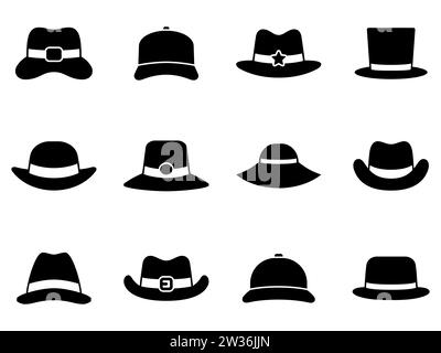Set di icone cappelli, copricapo femminile e maschile, derby e cowboy, berretto, panama e cilindro. Collezione di copricapi in vari modelli eleganti, vintage e. Illustrazione Vettoriale