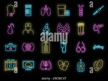 Set di icone medico endocrinologo. Serie di schemi delle icone vettoriali del medico endocrinologo colore neon su nero Illustrazione Vettoriale