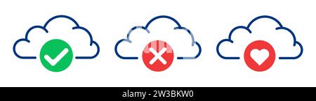 Illustrazione del set di nuvole. Conferma, verifica, archiviazione su cloud, emoji, dati di rifiuto icone vettore Illustrazione Vettoriale