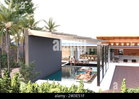 rendering 3d della piscina con copertura pergola Foto Stock