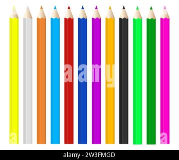Serie di illustrazioni realistiche delle matite. Penna, disegno, gomma, nitidezza, grafite, icone vettoriali di disegno disegno su carta Illustrazione Vettoriale
