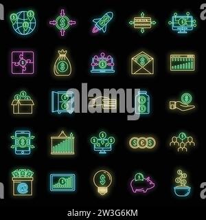 Set di icone della piattaforma di social crowdfunding. Delinea il set di icone vettoriali della piattaforma di social crowdfunding colore neon su nero Illustrazione Vettoriale