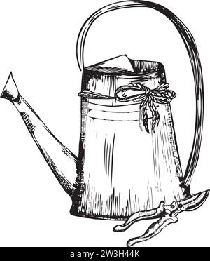 Illustrazione dell'inchiostro disegnato a mano. Annaffiatoio con forbici da giardino. Illustrazione vettoriale Illustrazione Vettoriale