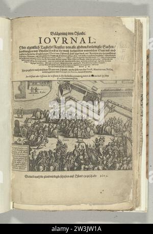 Assedio di Ostenda: Stampa del titolo con la tregua del 24-25 dicembre 1601, 1601 - 1604 Stampa del titolo con l'armistizio il 24 e 25 dicembre 1601. Isabella e Albrecht si mostrano tra una grande folla per la città assediata. In basso a sinistra un cartiglio con un'iscrizione in latino. Sopra la stampa il titolo, in fondo all'impressum, in tedesco. Parte delle illustrazioni su un diario dell'assedio di Ostenda 1601-1604. Stampa di carta/tipografia dei paesi bassi Ostenda Stampa del titolo con l'armistizio il 24 e 25 dicembre 1601. Isabella e Albrecht si mostrano tra una grande folla per il Foto Stock