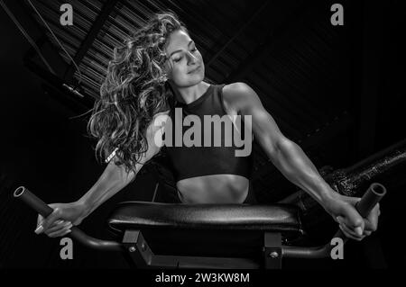 Incantevole bruna che fa iperestensione in palestra. Premere il pompaggio. Concetto di fitness e bodybuilding. Supporti misti Foto Stock