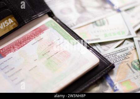 Passaporto con visto americano. Il concetto di agenzie per i visti, carte verdi. Supporti misti Foto Stock