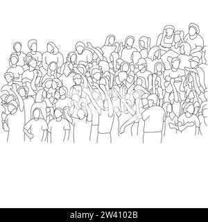 gruppo di persone affollate che si divertono con l'illustrazione dello stadio disegnata a mano isolata su sfondo bianco Illustrazione Vettoriale