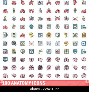100 icone anatomiche impostate. Set di linee di colore delle icone dei vettori anatomici colore della linea sottile piatto su bianco Illustrazione Vettoriale
