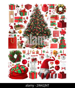 Personale natalizio e confezioni regalo isolate su bianco, collezione Foto Stock