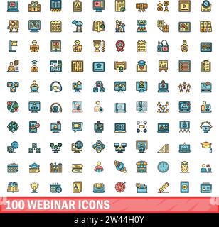 100 serie di icone del webinar. Set di linee di colori delle icone dei vettori dei webinar colore delle linee sottili piatto su bianco Illustrazione Vettoriale
