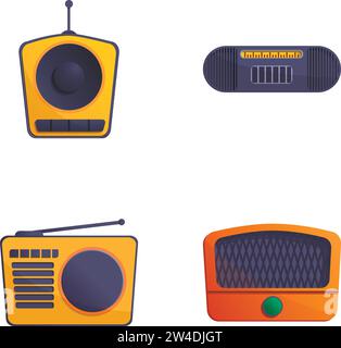 Le icone del sintonizzatore radio impostano il vettore dei cartoni animati. Radio vintage. Vecchio dispositivo radio Illustrazione Vettoriale