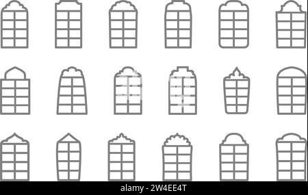 Set di sagome di cornici verticali vuote per finestre. Icone delle finestre ad arco in stile piatto. Elementi interni. Illustrazione vettoriale. Illustrazione Vettoriale