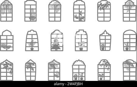 Finestre verticali con piante da interno e foglie di palma. Sagome di cornici per finestre con foglie e fiori in un vaso. Icone delle finestre, elementi interni. V Illustrazione Vettoriale