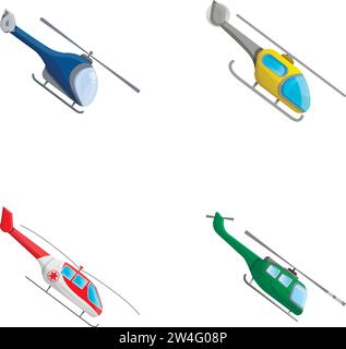 Le icone di Rotorcraft impostano il vettore dei cartoni animati. Elicottero civile e militare. Motoscafo, trasporto aereo Illustrazione Vettoriale